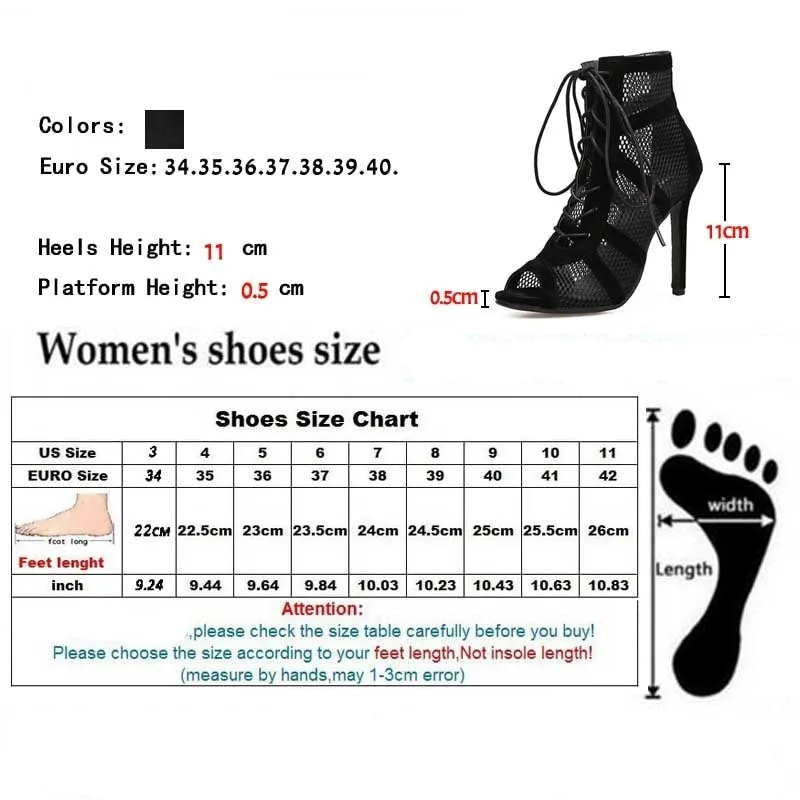 Sandals Lace Up Cross-tied Peep Toe High Heel Ankle Strap Net Surface Hollow Out Sandals