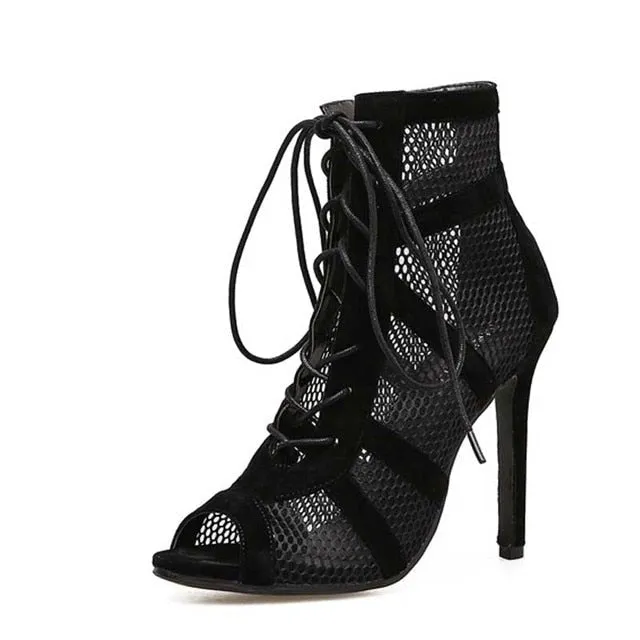 Sandals Lace Up Cross-tied Peep Toe High Heel Ankle Strap Net Surface Hollow Out Sandals