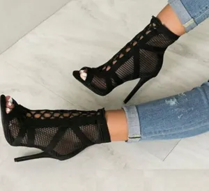Sandals Lace Up Cross-tied Peep Toe High Heel Ankle Strap Net Surface Hollow Out Sandals