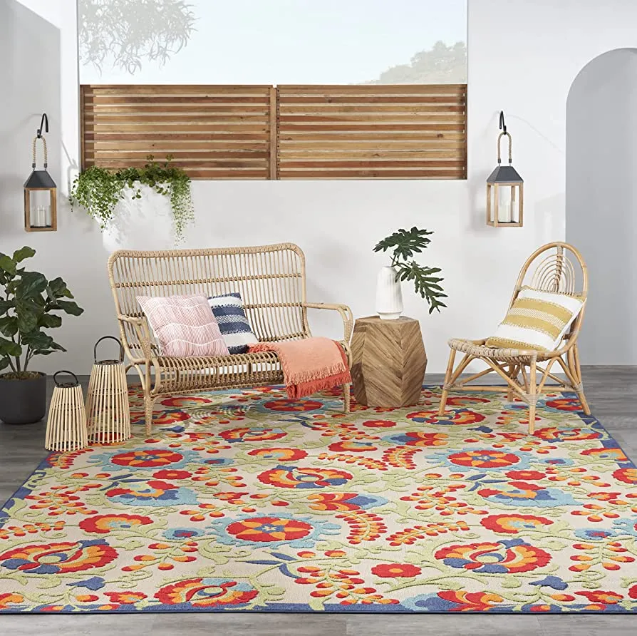Shows light use! Massive 9 Ft X 12 Ft Nourison Aloha Indoor/Outdoor Multicolour Tropical, Botanical Area Rug! Stain & Weather Resistant! Retails $746 