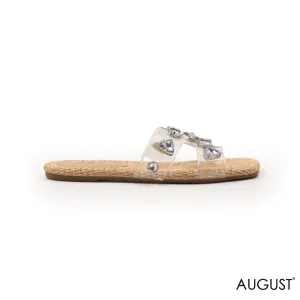 SLIPPER CLEAR PLASTIC STRAPS, WOVEN SOLE WITH DETAILS GEMS