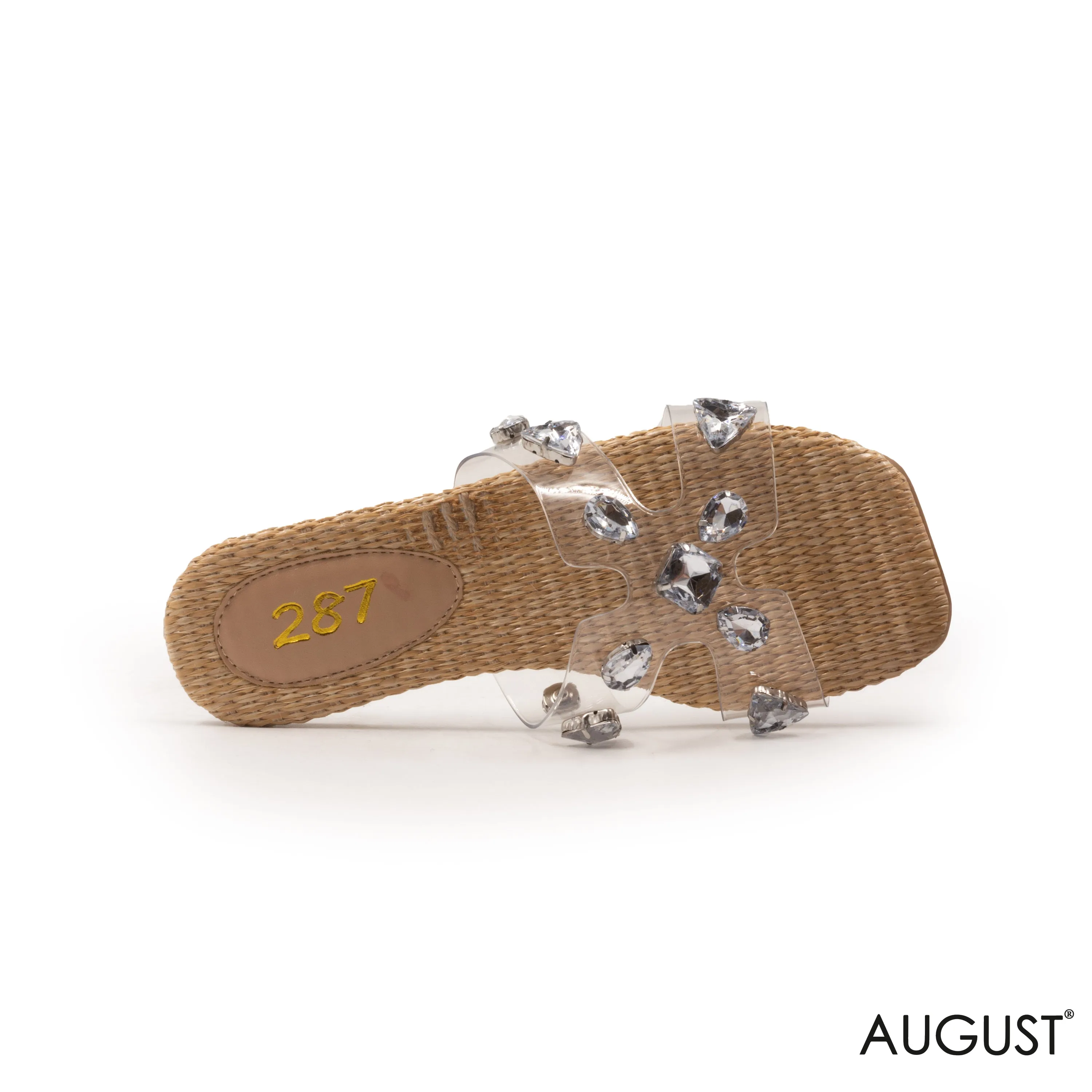 SLIPPER CLEAR PLASTIC STRAPS, WOVEN SOLE WITH DETAILS GEMS