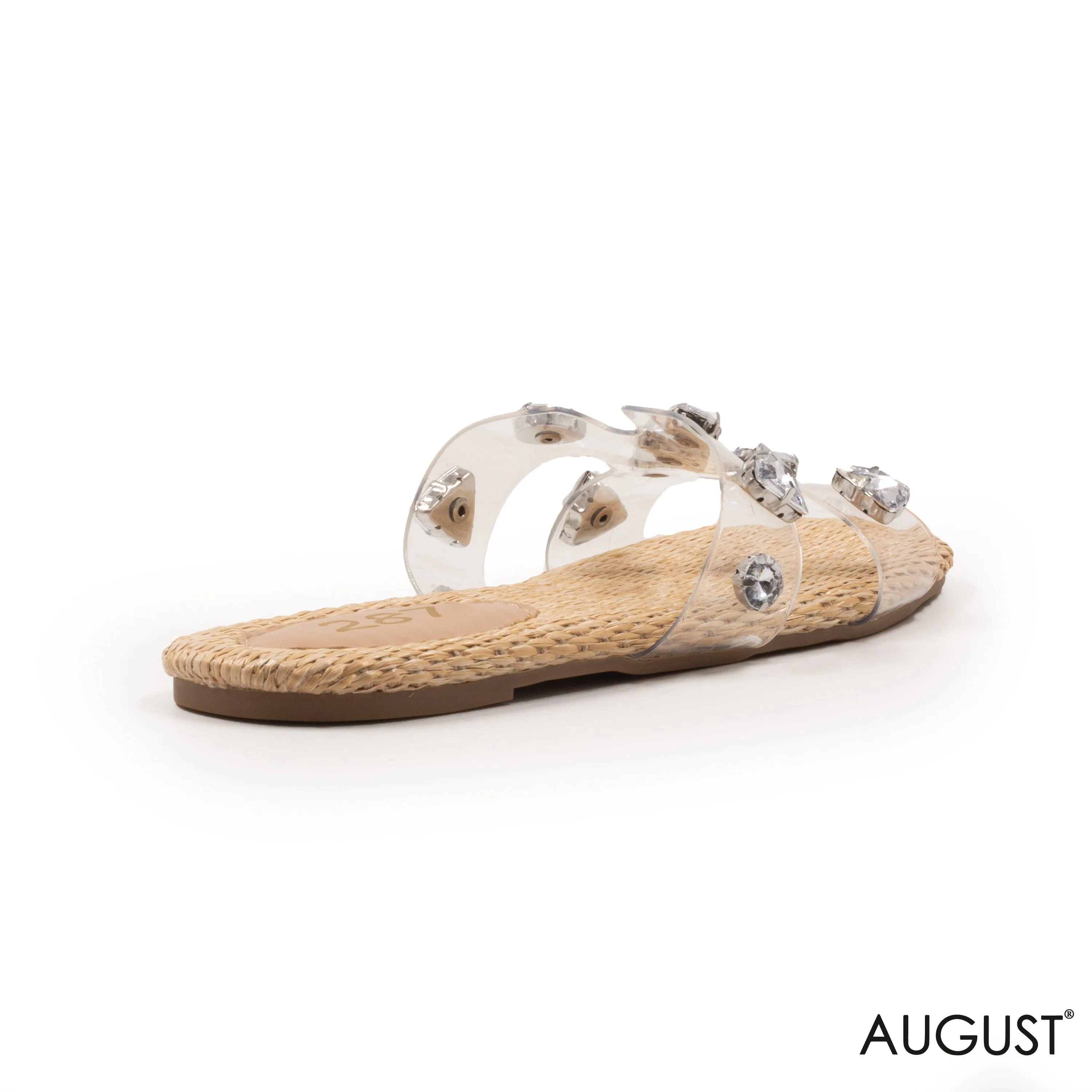 SLIPPER CLEAR PLASTIC STRAPS, WOVEN SOLE WITH DETAILS GEMS