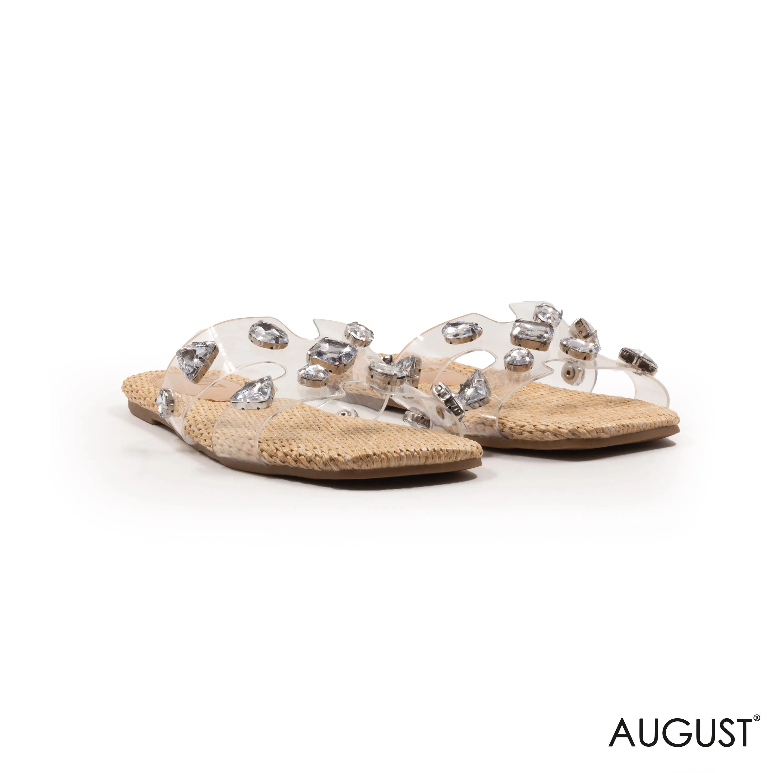 SLIPPER CLEAR PLASTIC STRAPS, WOVEN SOLE WITH DETAILS GEMS