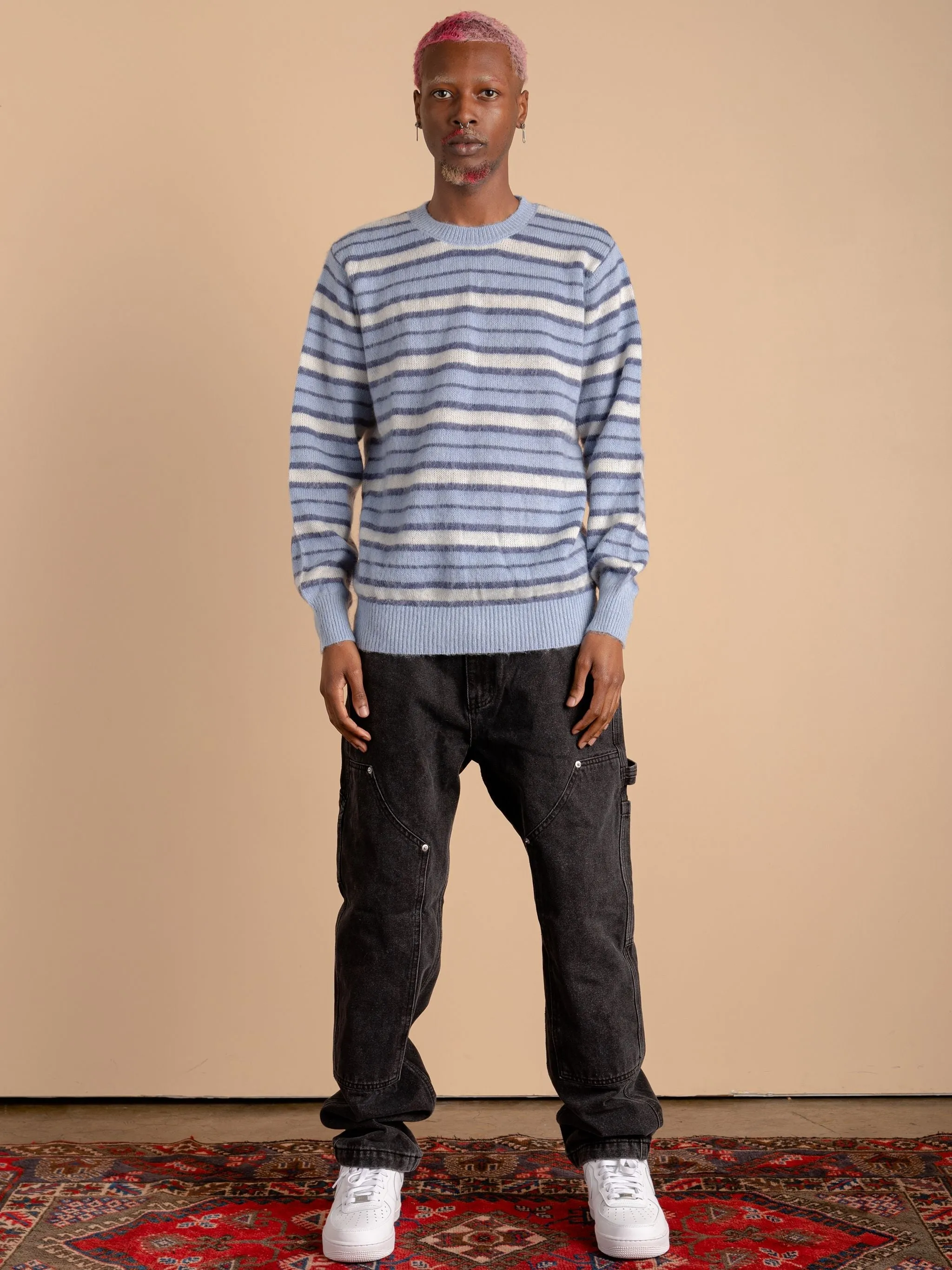 Striped Mohair Knit Sweater-Blue