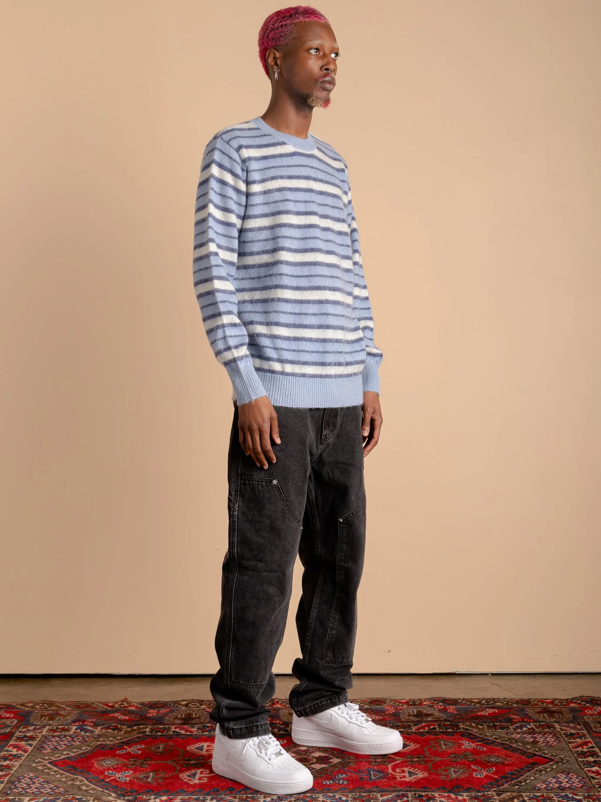 Striped Mohair Knit Sweater-Blue
