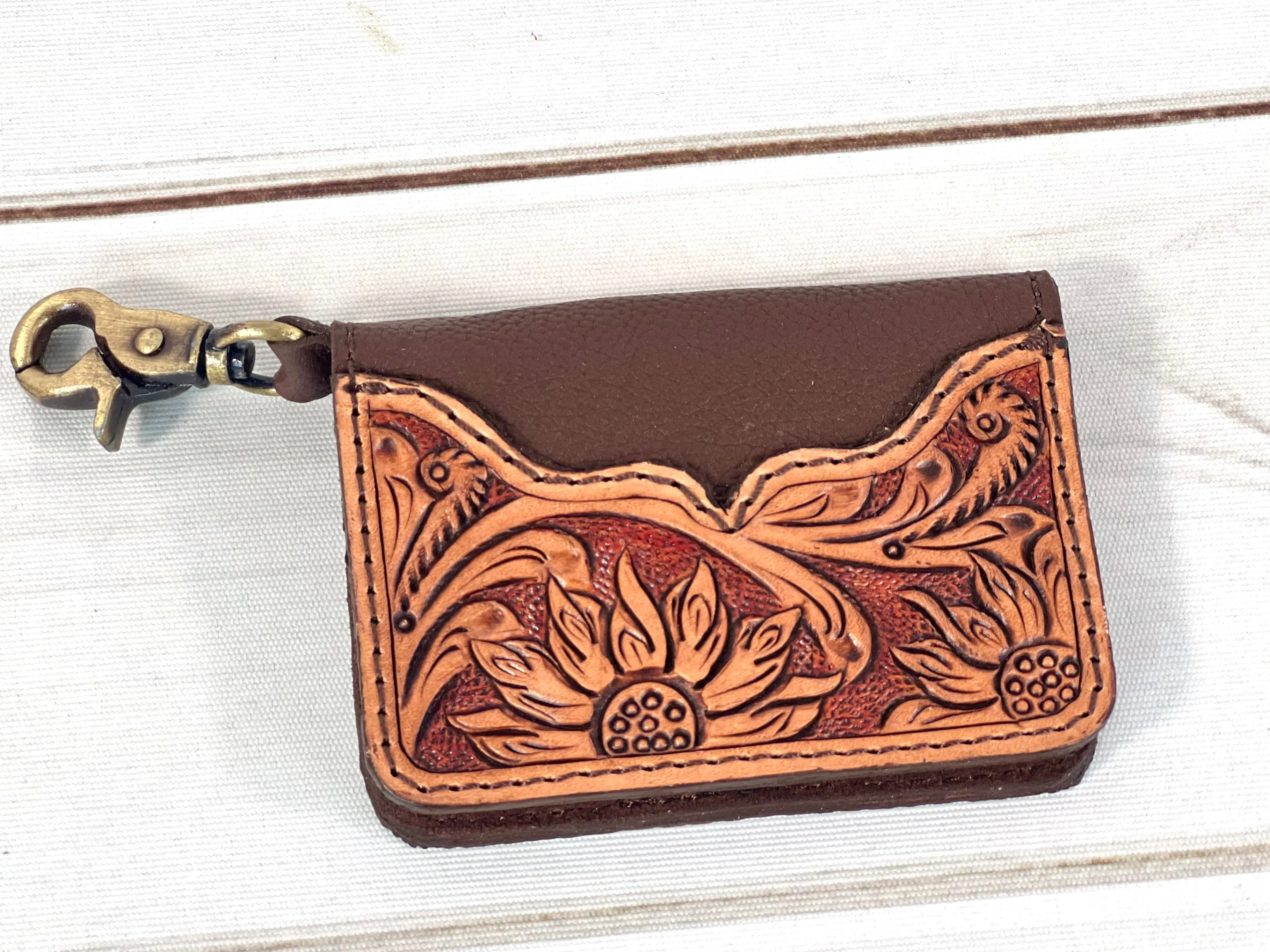 Sunflower Tooled Leather Card Holder Keychain