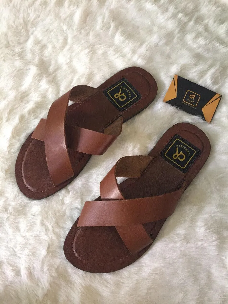 Tan X Strapped Leather Slippers Brown