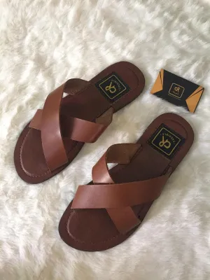 Tan X Strapped Leather Slippers Brown