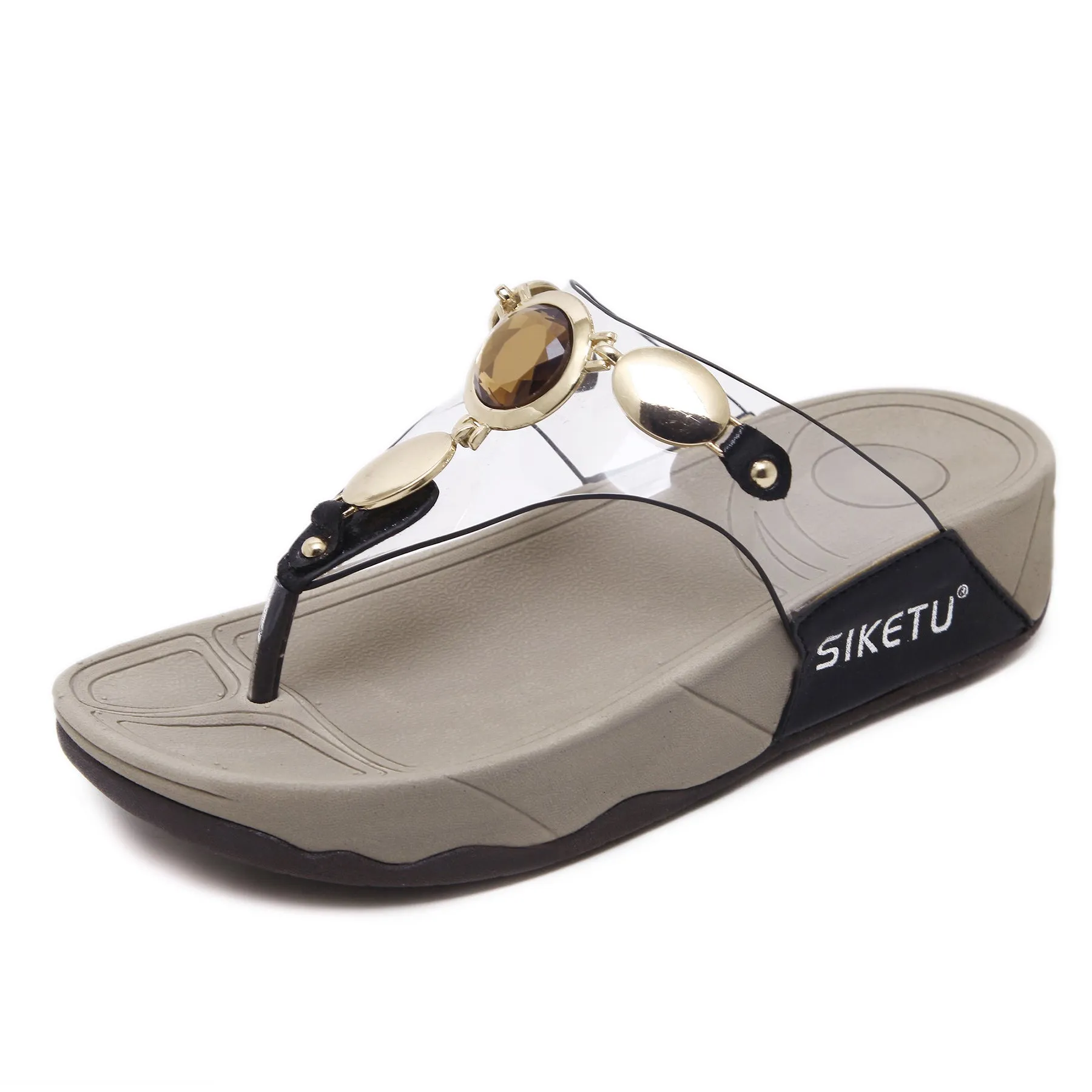 Thick Soled Slip on Sandals with Clear Straps