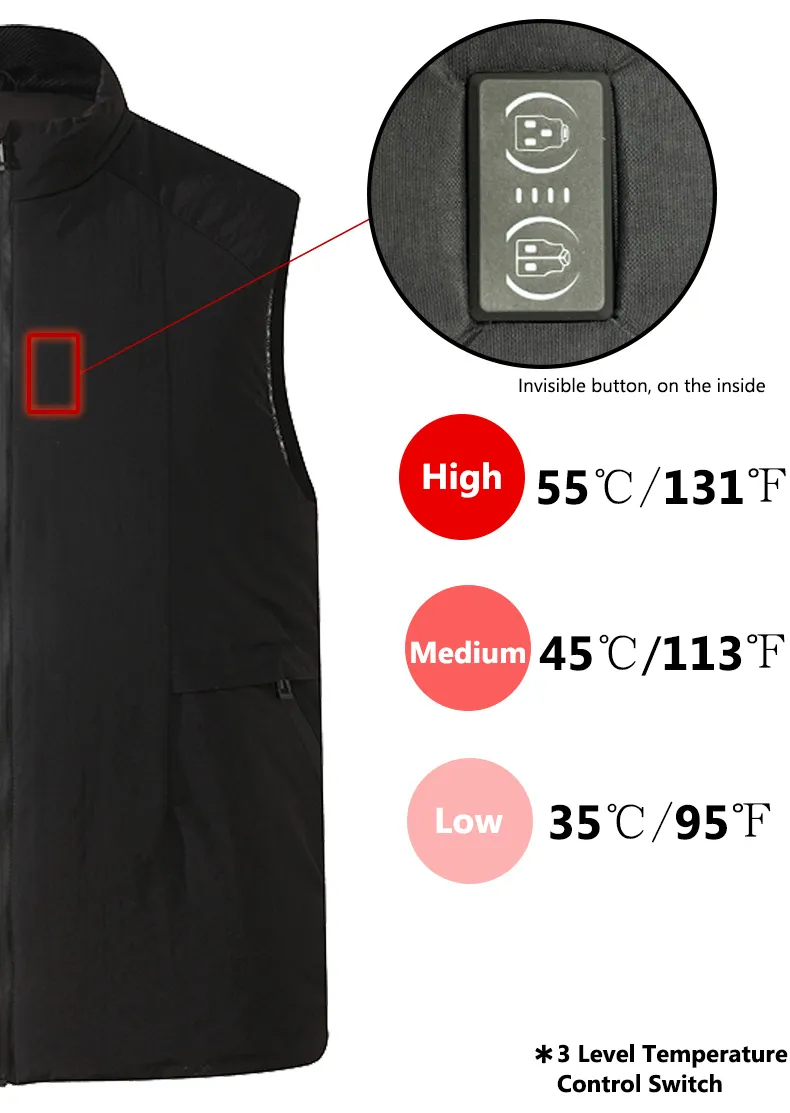 Unisex 6 Area Black Graphene Heated Gilet