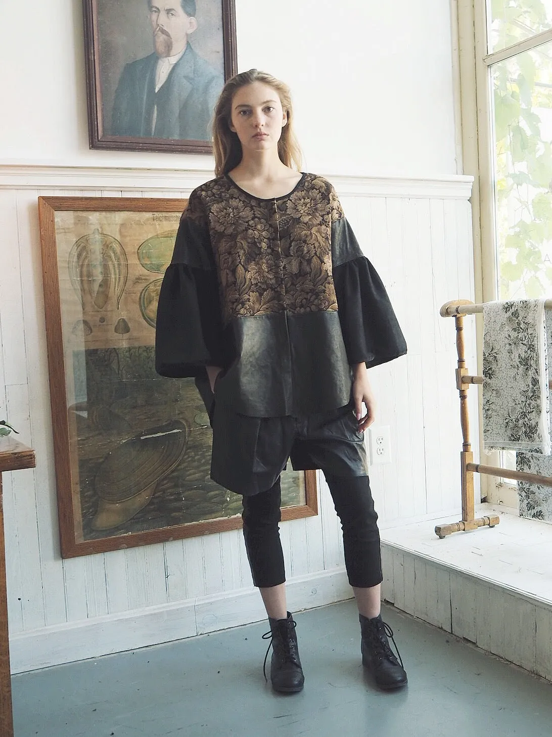 venice tapestry and leather big shirt jacket