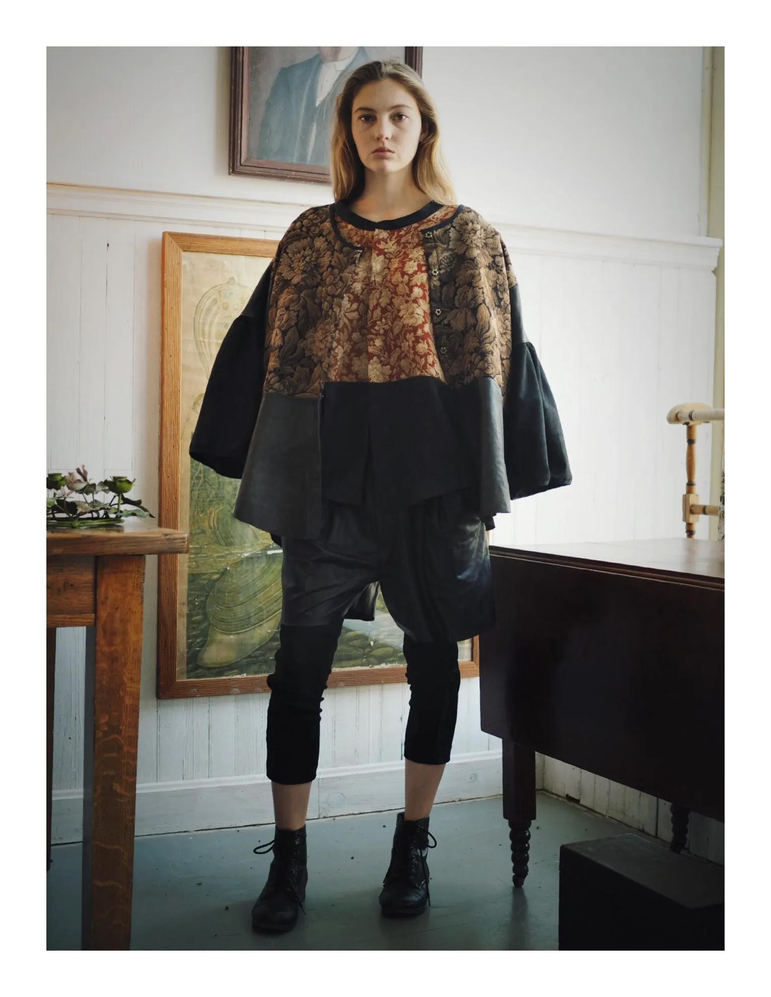 venice tapestry and leather big shirt jacket