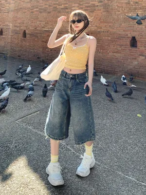 Vintage Denim Bermuda Shorts for Women | Wide Leg Streetwear Jean Shorts Y2K Retro