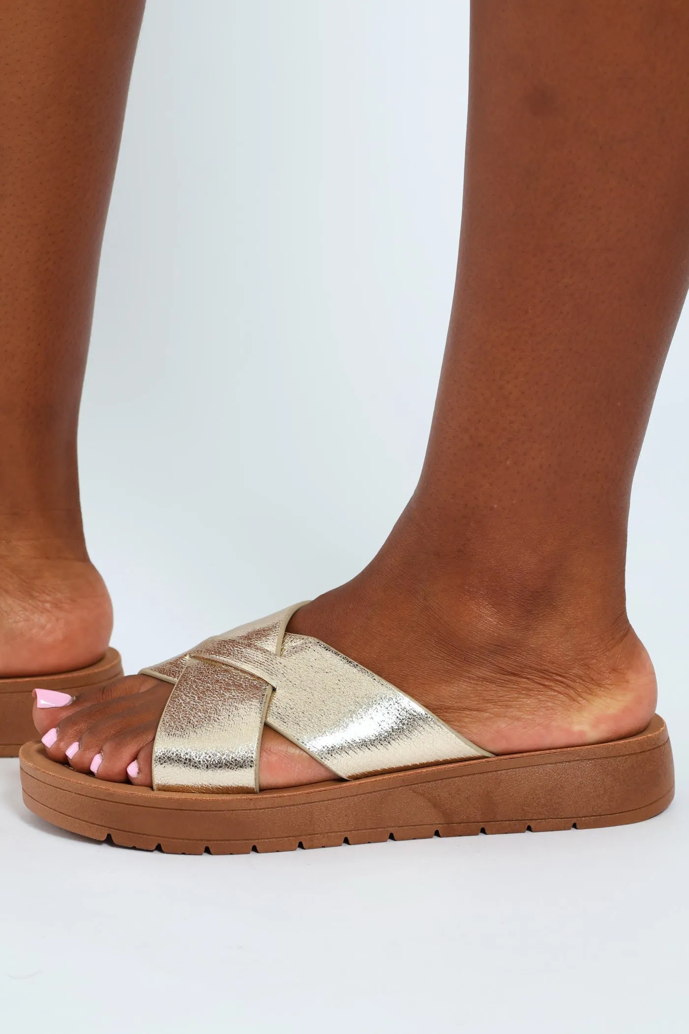 Wedged Comfort Outsole Crosstrap Mule Sandal - Gold