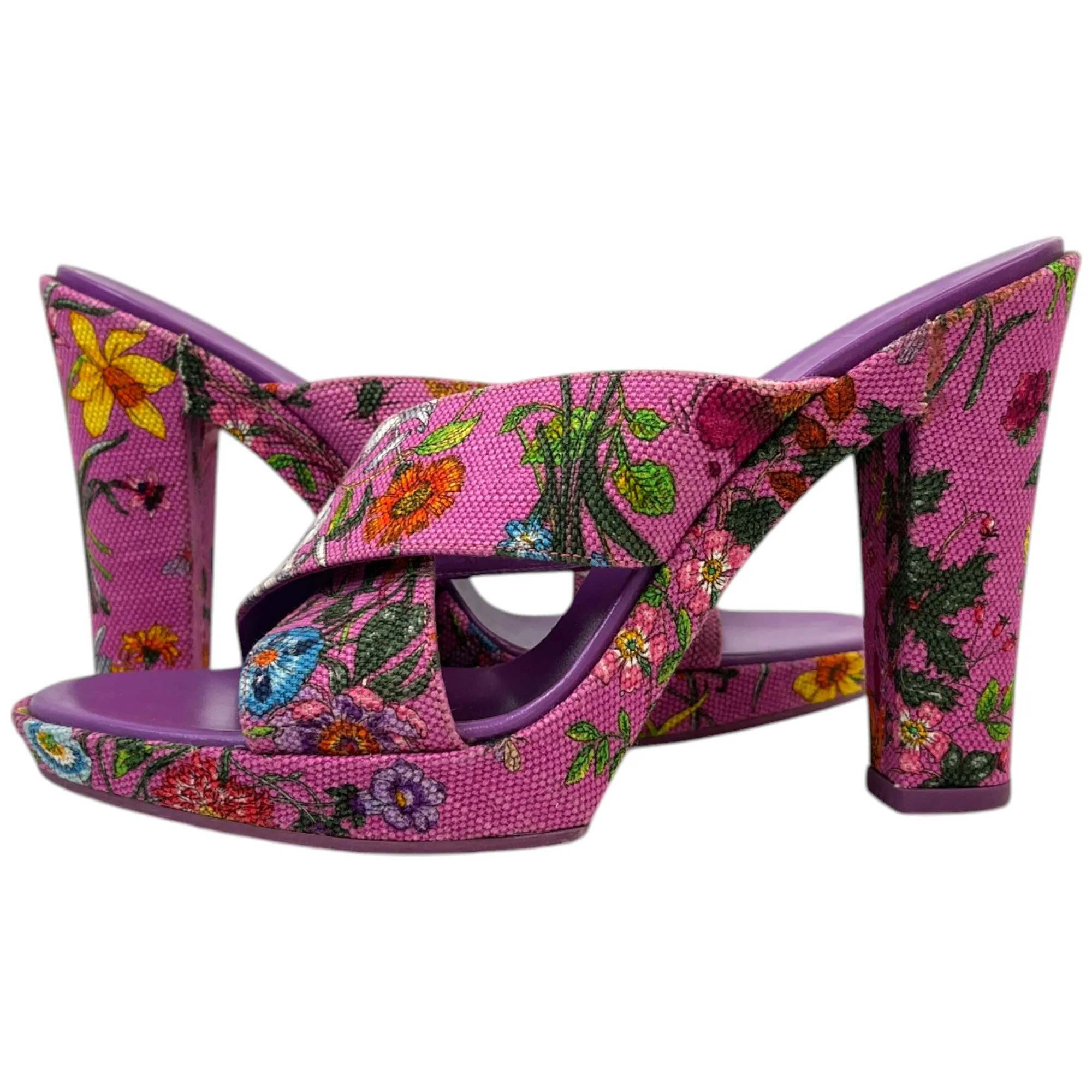 Women's Floral Print Open Toe Heels Pink Size EU 35 / UK 2