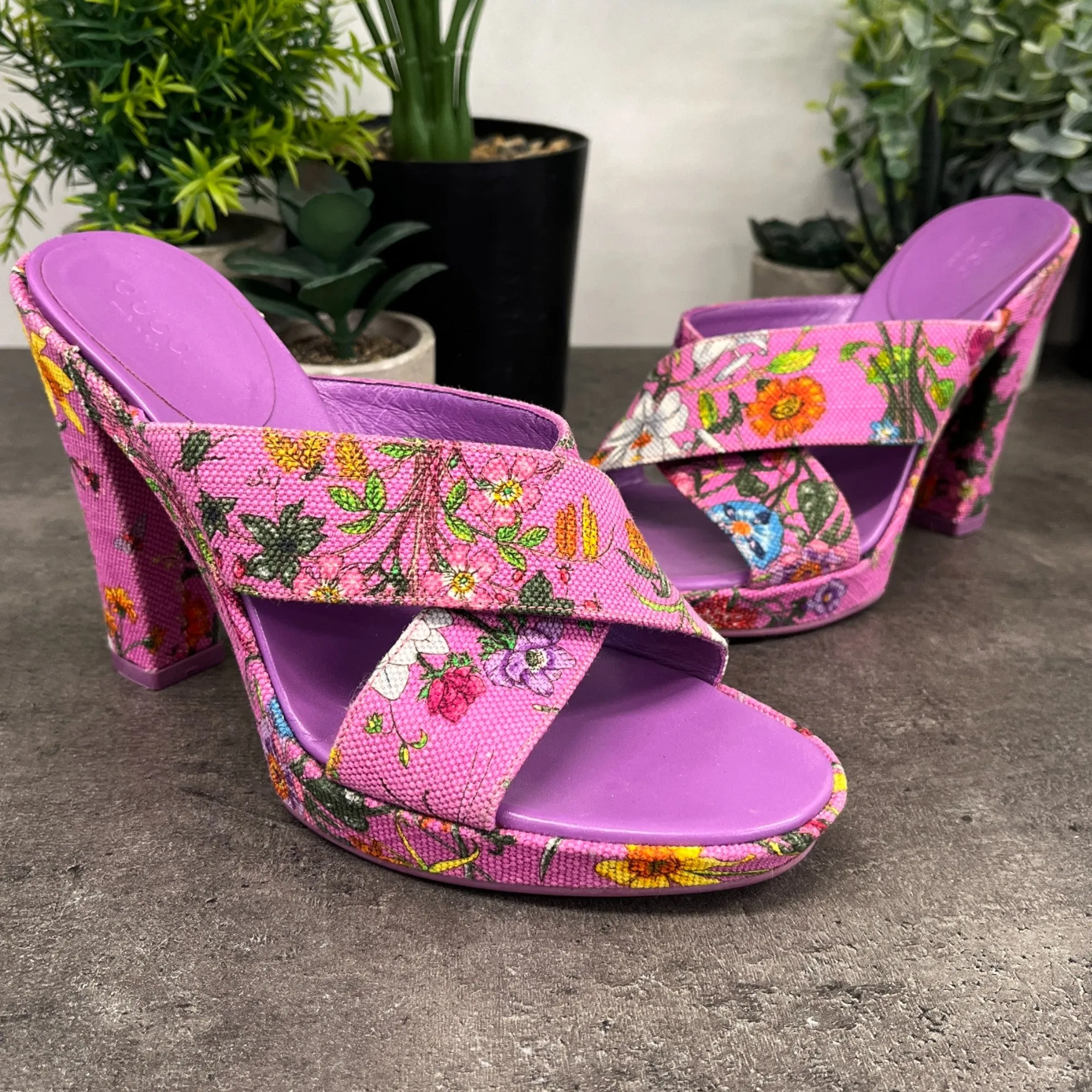 Women's Floral Print Open Toe Heels Pink Size EU 35 / UK 2